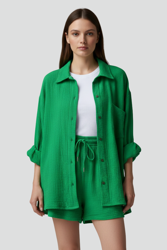 Women’s Two-Piece Set with Button Shirt and Drawstring Shorts