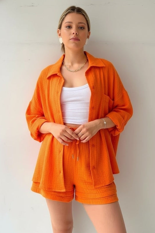 Women’s Two Piece Set with Oversized Blouse and Muslin Shorts