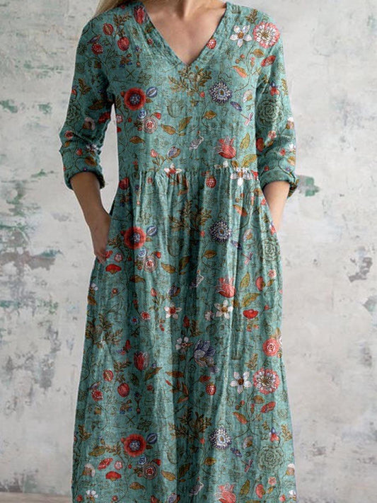 Luna | Maxi Dress V-Neck Cotton Floral Boho Pockets Three Quarter