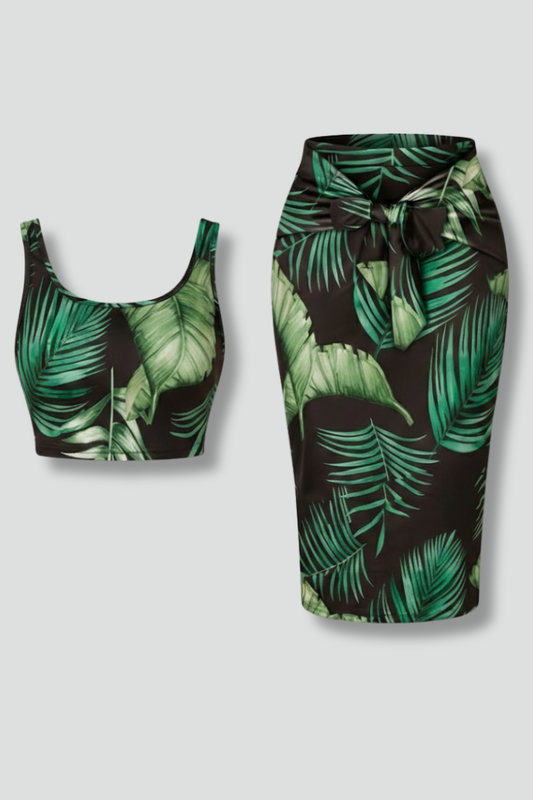 Women’s Crop Top and Midi Skirt with Sleeveless Cut and Tie Waist