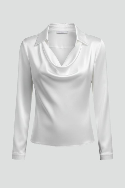 Women’s Satin Blouse with Draped Collar and Long Sleeves