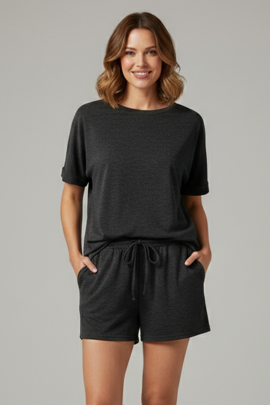 Women’s Two-Piece Set with Batwing Top and Drawstring Shorts