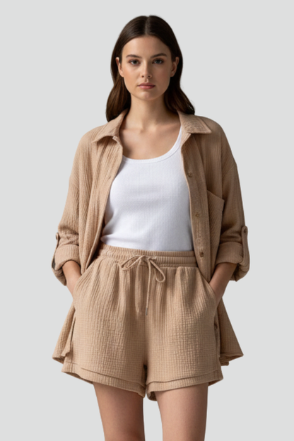 Women’s Two-Piece Set with Button Shirt and Drawstring Shorts