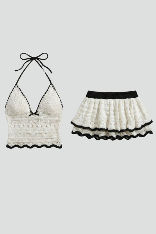 Women’s Two Piece Set with Halterneck Top and Ruffle Mini Skirt