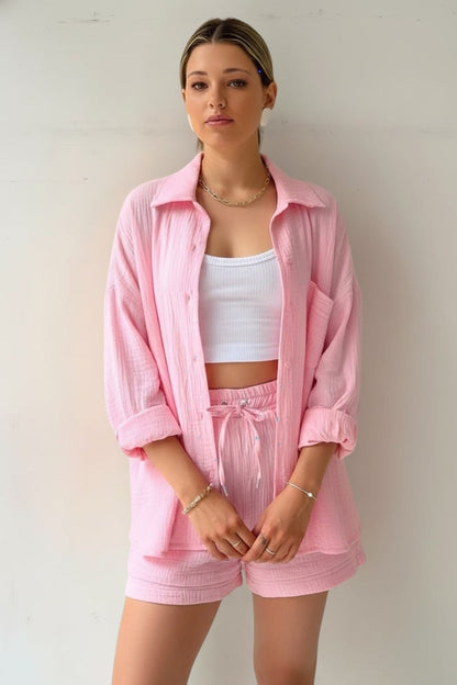 Women’s Two Piece Set with Oversized Blouse and Muslin Shorts