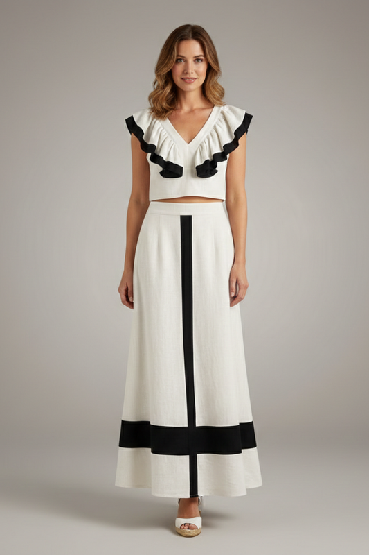 Women’s Two Piece Set with V-Neck Top and Midi Skirt