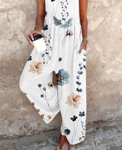 Olivia | Women's Floral Print Wide-Leg Sleeveless Overalls Jumpsuit